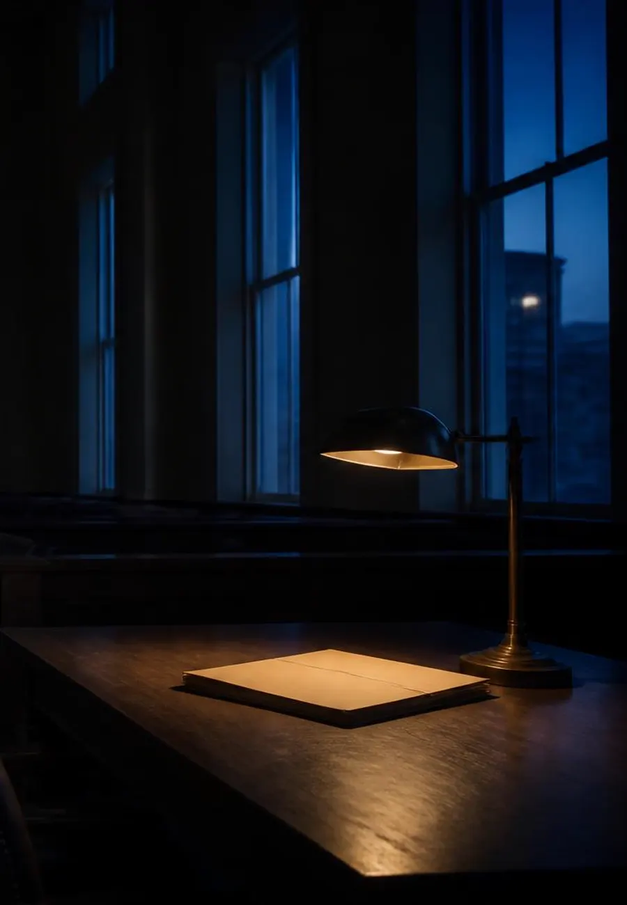 A dim law office at night, a brass desk lamp lighting an open file beside tall windows