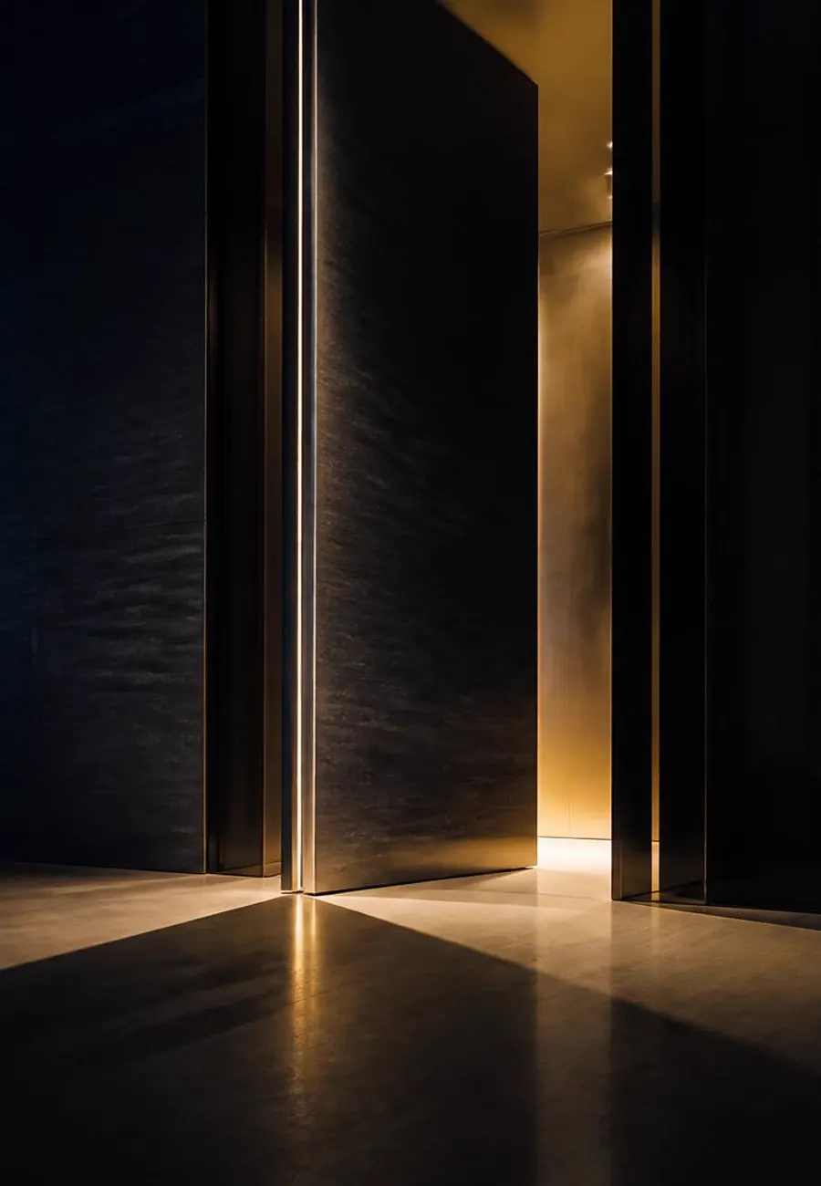 A dark doorway left slightly open, a thin line of warm light falling across the floor
