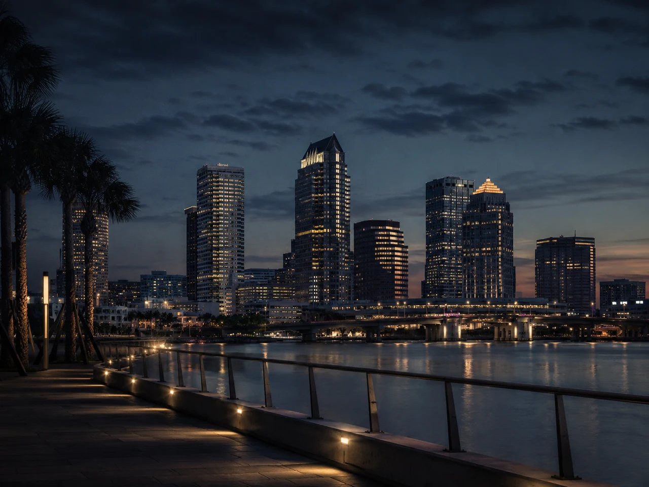 Downtown Tampa skyline along the waterfront at dusk
