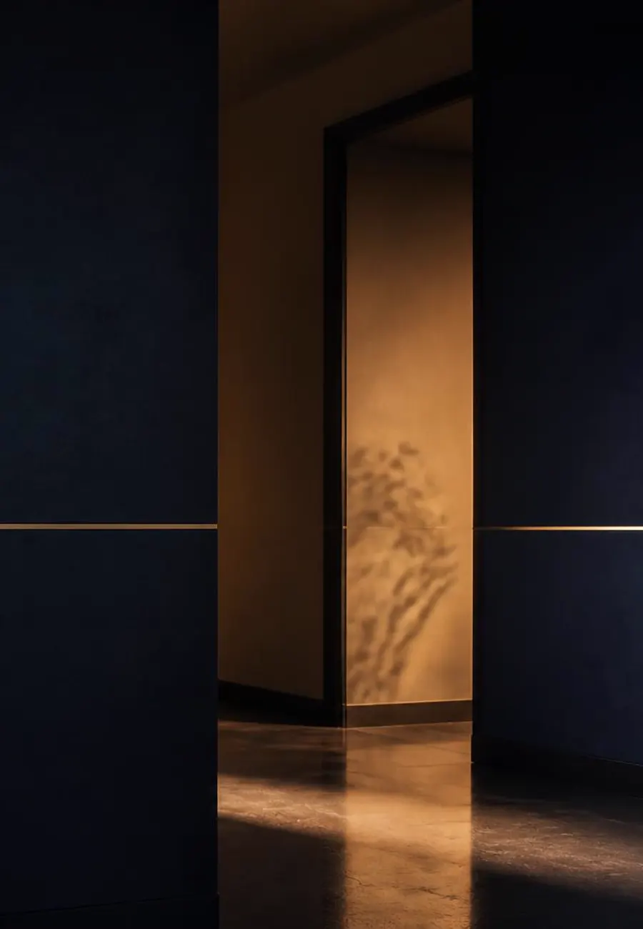 A dark hallway divided by a thin gold line, with a warmly lit doorway beyond