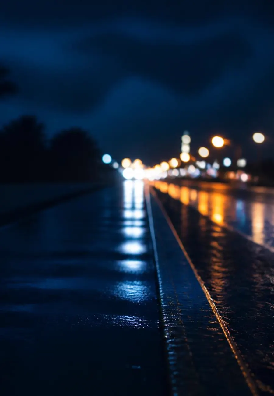 A wet Florida highway at night under palm silhouettes, streetlights reflecting on the pavement