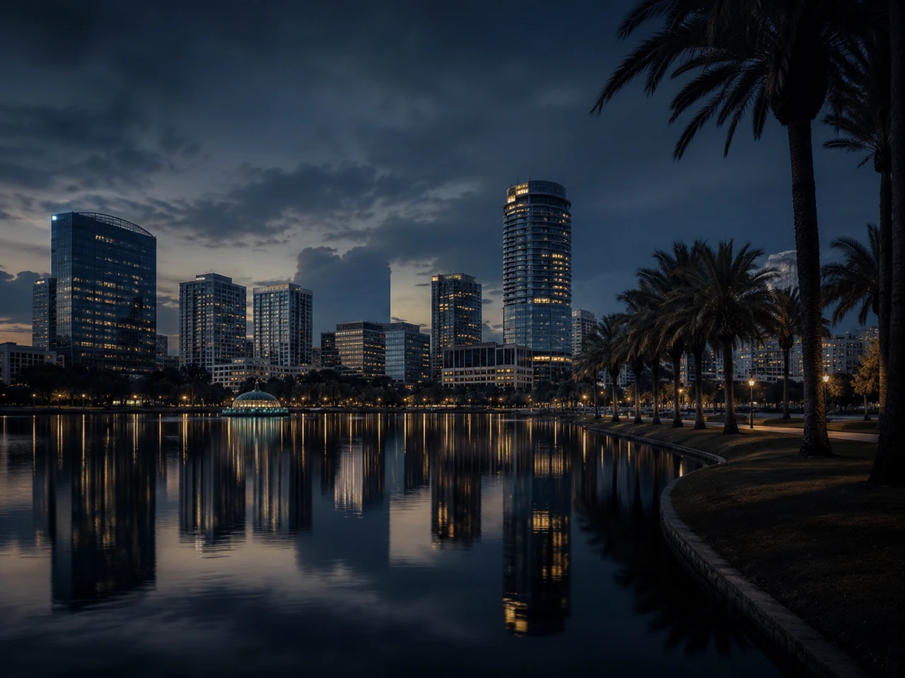 Downtown Orlando skyline across the water at dusk