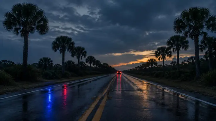 Autopista de Florida vacía al anochecer con unas luces traseras solitarias y las luces de una patrulla reflejadas en el pavimento mojado