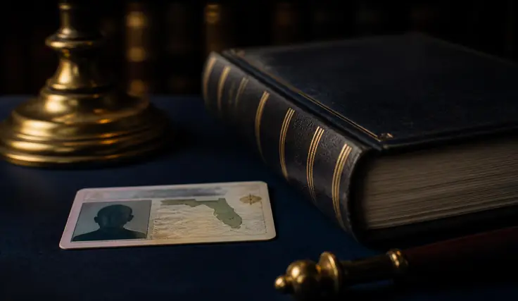 Una licencia de conducir de Florida sobre un escritorio oscuro junto a un libro de leyes y una campana de latón