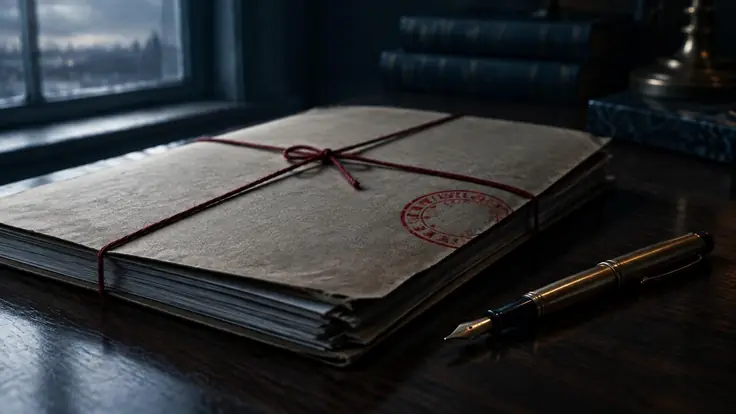 Primer plano de un expediente judicial sellado con un sello rojo, sobre un escritorio de madera oscura junto a una pluma
