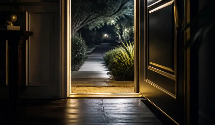 Una puerta abierta de noche que da a un sendero iluminado de un jardín