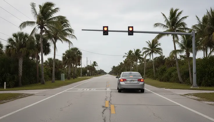 A car stopped at a traffic light on a palm-lined Florida road