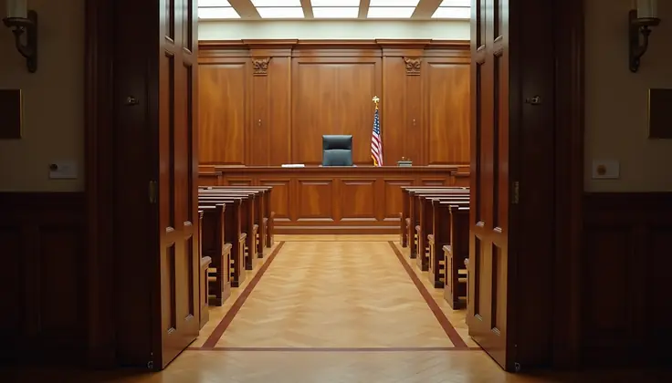 Open wooden doors leading down the aisle of an empty courtroom