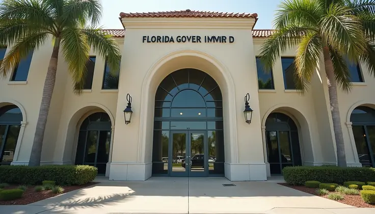 The arched entrance of a Florida government building framed by palm trees