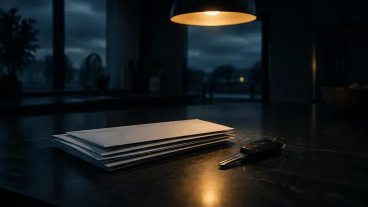 A stack of official envelopes and a car key on a kitchen counter, lit by a single overhead lamp at night